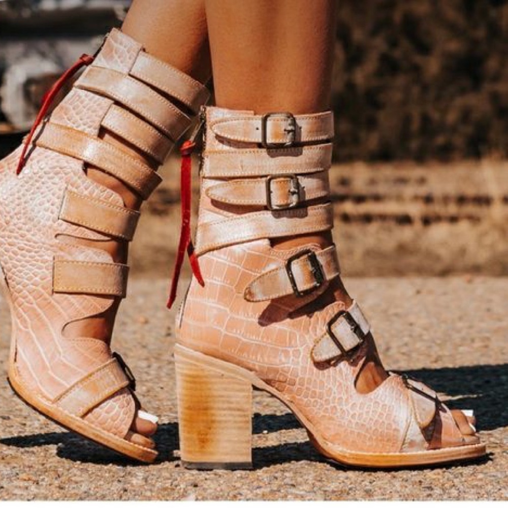 Freebird pink Croc-Embossed Heeled Sandals